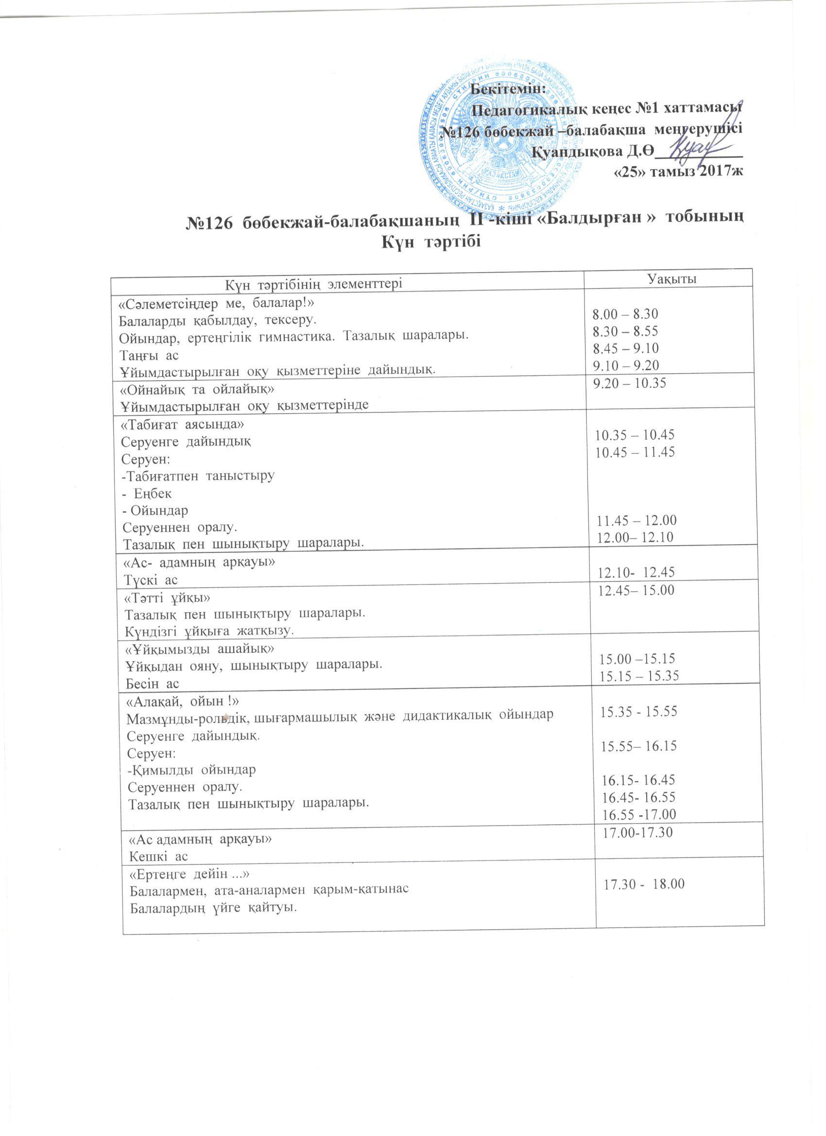 Балдырған тобының күн тәртібі